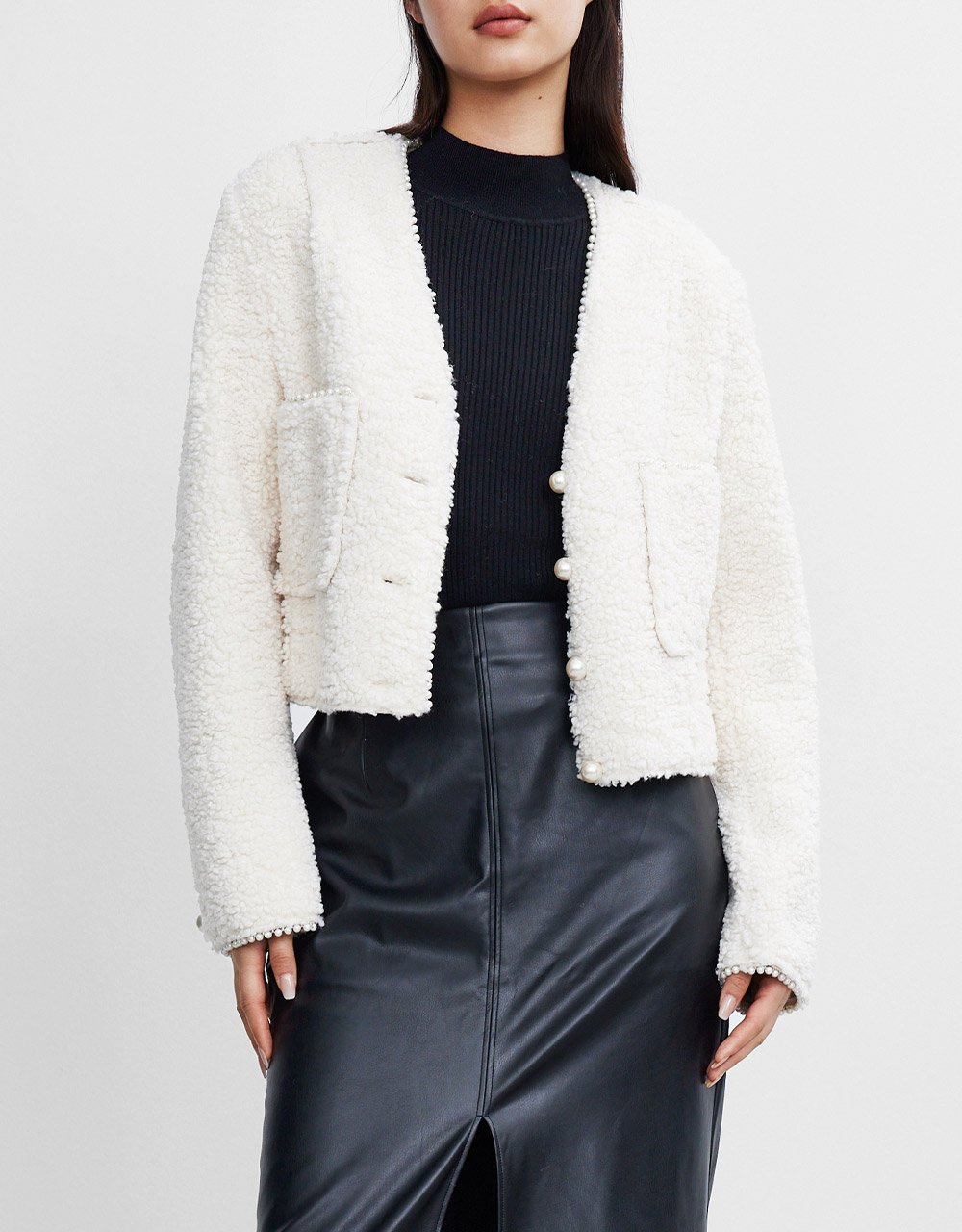 Faux Pearl Button Dual Pocket Jacket - Image 8