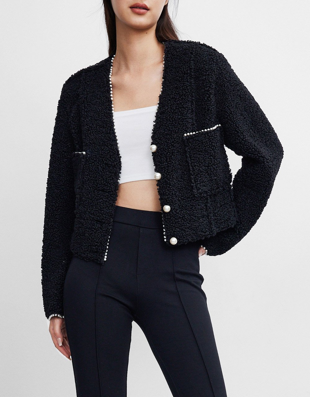 Faux Pearl Button Dual Pocket Jacket - Image 3