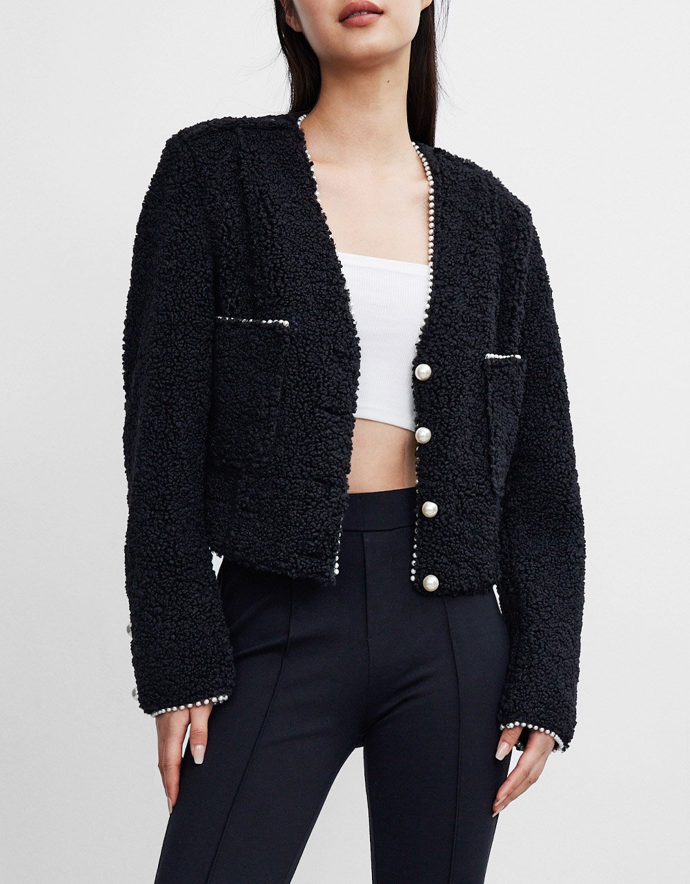Faux Pearl Button Dual Pocket Jacket - Image 2