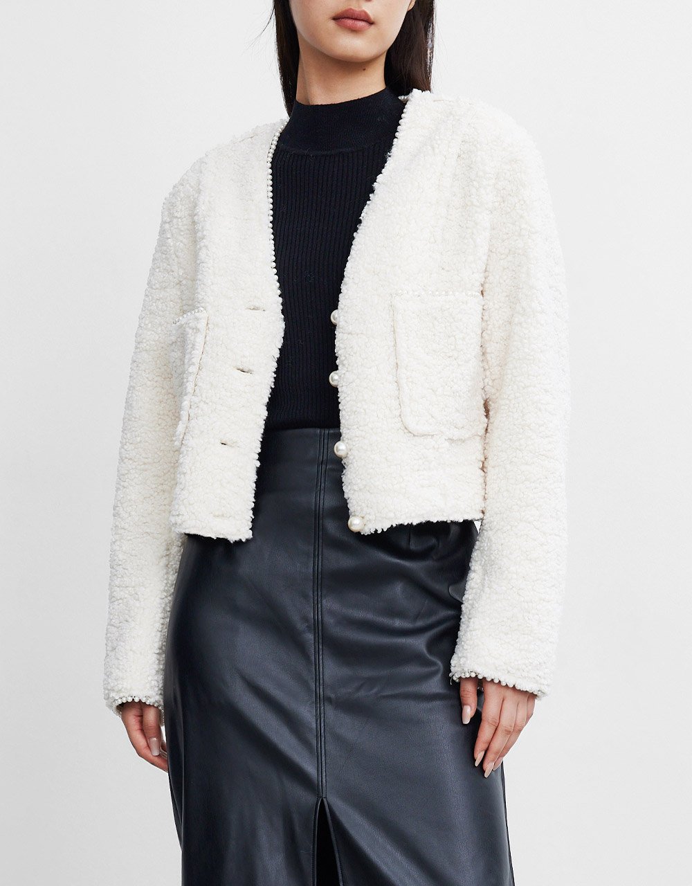 Faux Pearl Button Dual Pocket Jacket - Image 9
